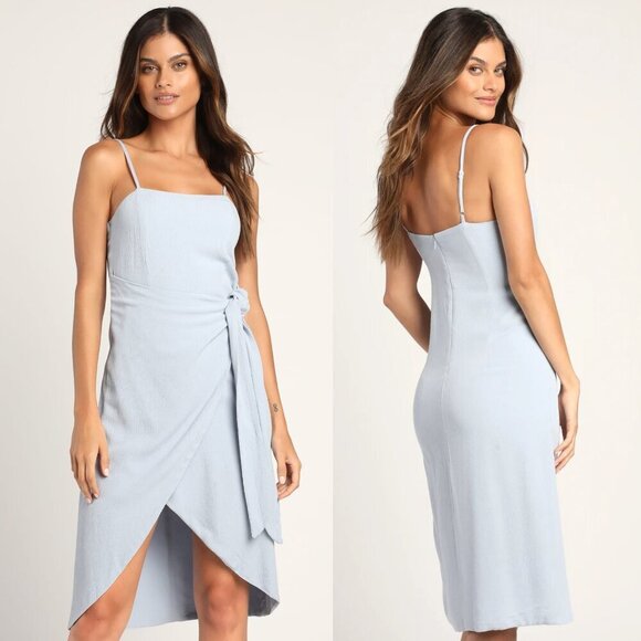 Lulus Dresses & Skirts - New! Lulus Stay Sunny Light Blue Faux Wrap Midi Dress NWT - 35784